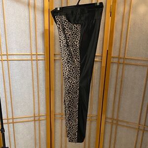Leopard Print & Black Faux Leather Straight Leg Pants